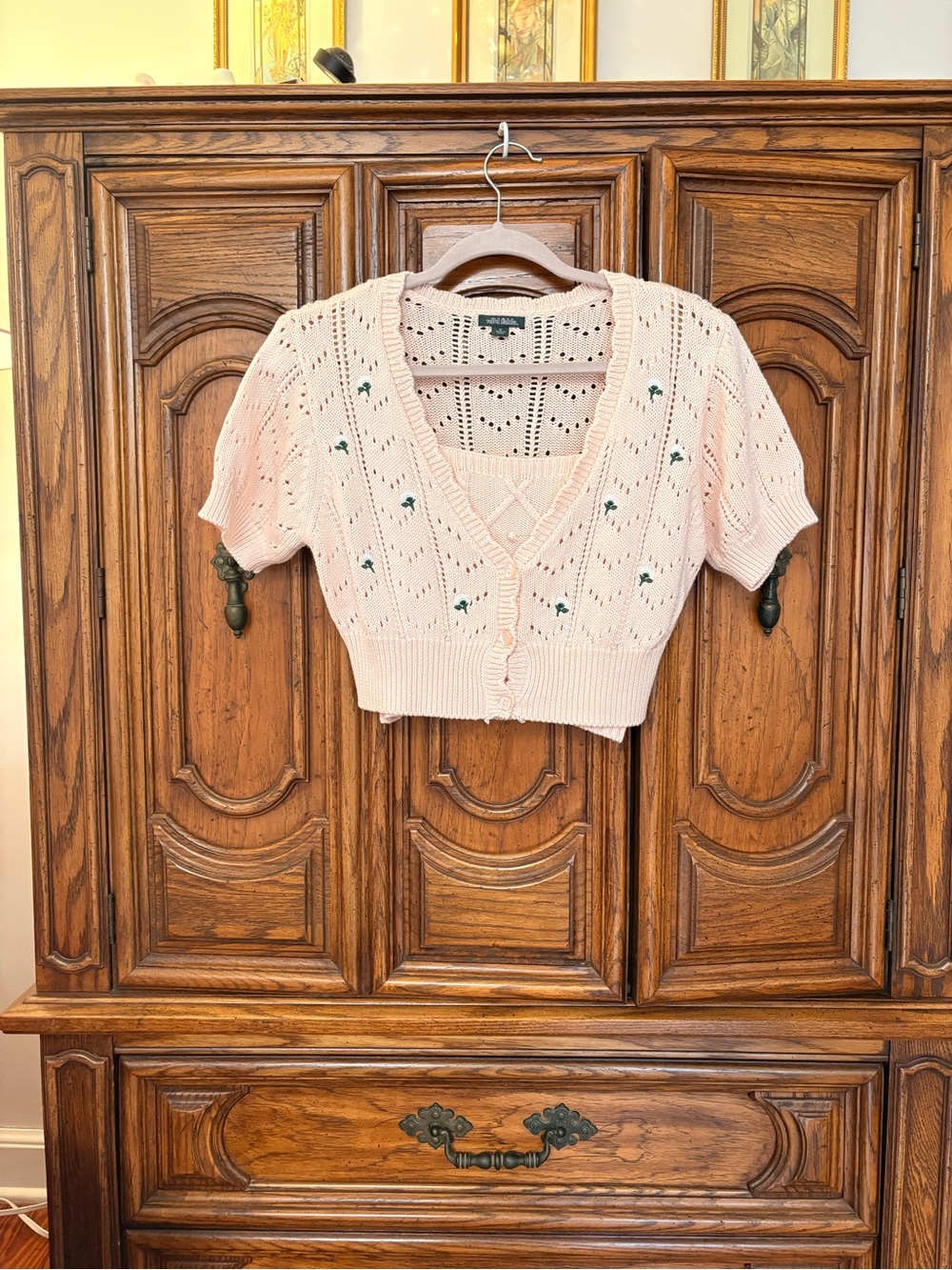 wild fable Blush Pink Cropped Knit Cardigan with Green Embroidery
